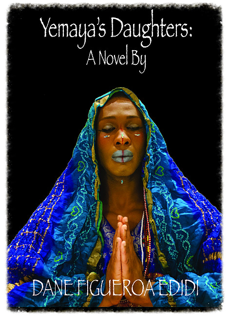 Yemaya's Daughters by Dane Figueroa Edidi - a black priestess prays, clad in patterned blue.