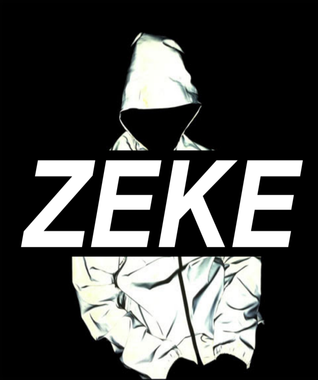 Zeke by Alexandrine Ogundimu. White title on black over a silhouetted white hoodie