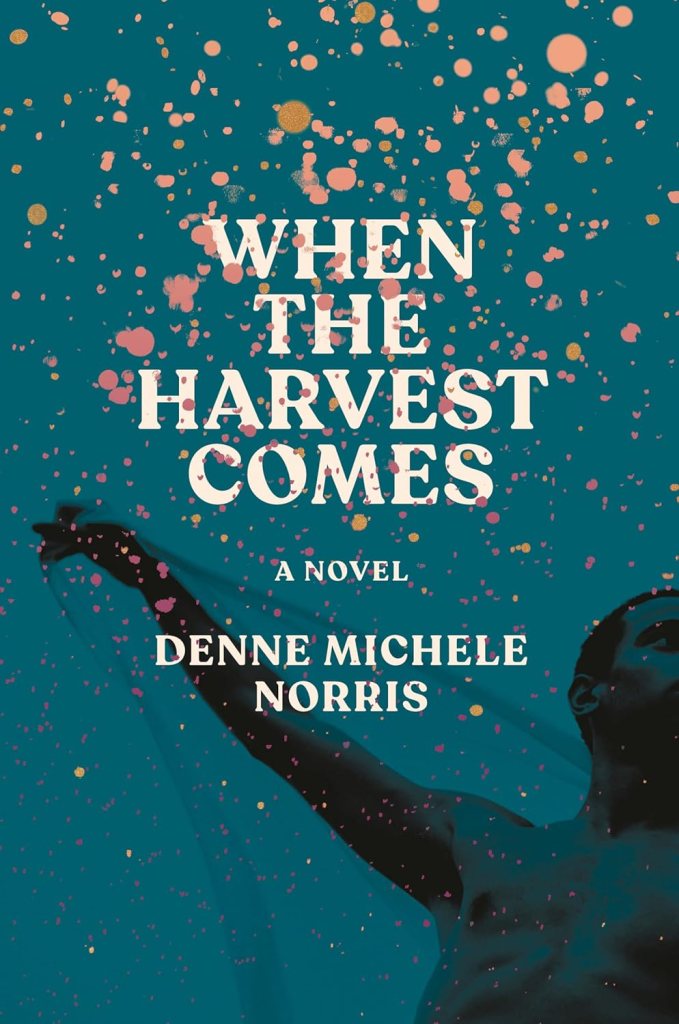 When the Harvest Comes by Denne Michele Norris has a black man holding up a thin piece of fabric beneath a beautiful splatter of orange paint