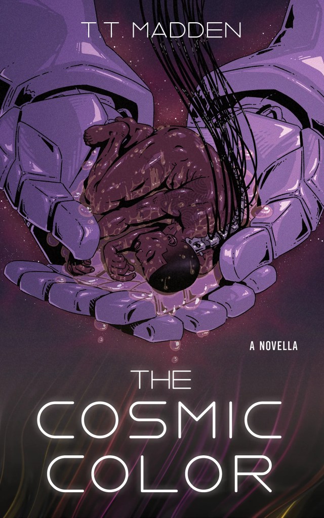 The cosmic color by tt madden has robotic mech hands cusping a black person coated in amniotic fluid