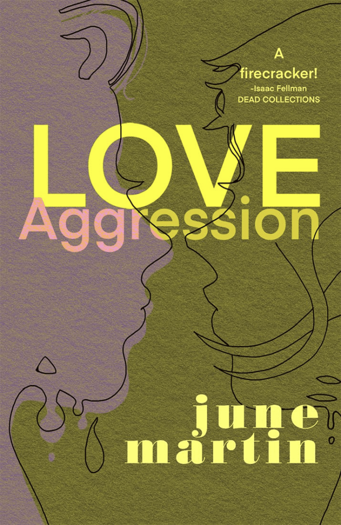 Love agression by june martin has two girls staring at each other, one gray, the other the same green as the background. They are both dripping like slime.