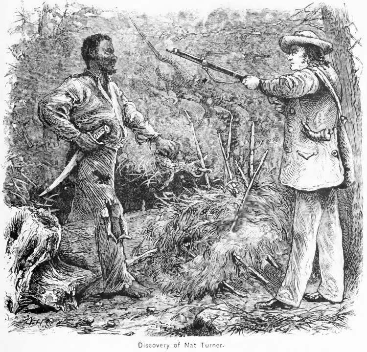 An old print in black and white of Nat Turner being caught by a white man with a sword at his belt