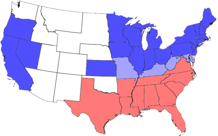 a map of the Union and Confederacy.
Union states: California, Nevada, Oregon, Kansas, Minnesota, Iowa, Wisconsin, Illinois, Indiana, Michigan, Ohio, Pennsylvania, New Jersey, New York, Vermont, New Hampshire, Maine, Massachussetts, Rhode Island, Connecticut
Border states: Missouri, Kentucky, West Virginia, Maryland, Deleware
Confederacy: Texas, Arkansas, Louisiana, Tennessee, Mississippi, Alabama, Georgia, Florida, South Carolina, North Carolina, Virginia