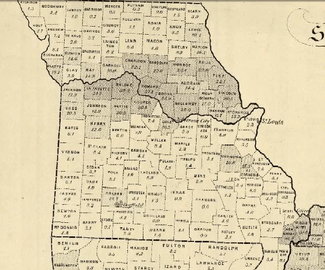 The main slave density in Missouri is along the Missouri river in the top half of the state, with another concentration on the Kentucky border