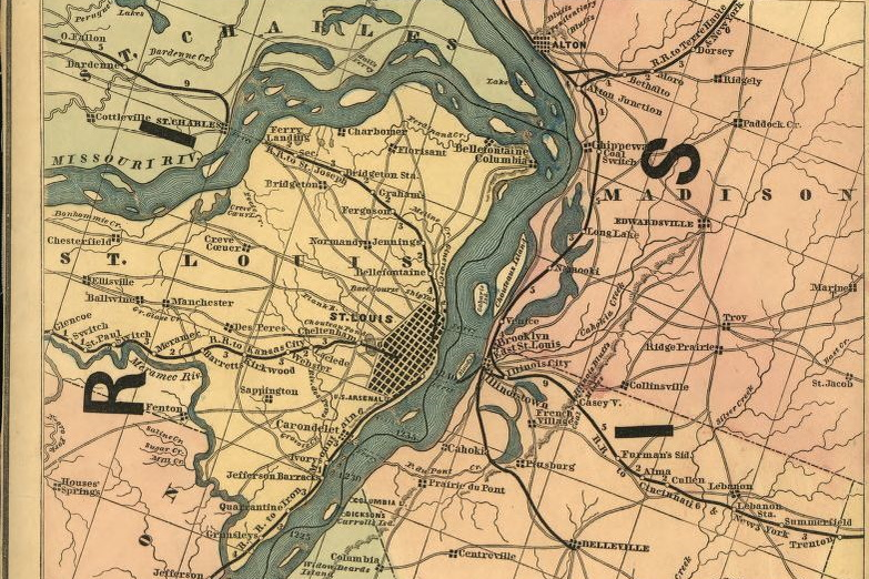 an old map of St. Louis demonstrating the junction of the Missouri and Mississippi rivers