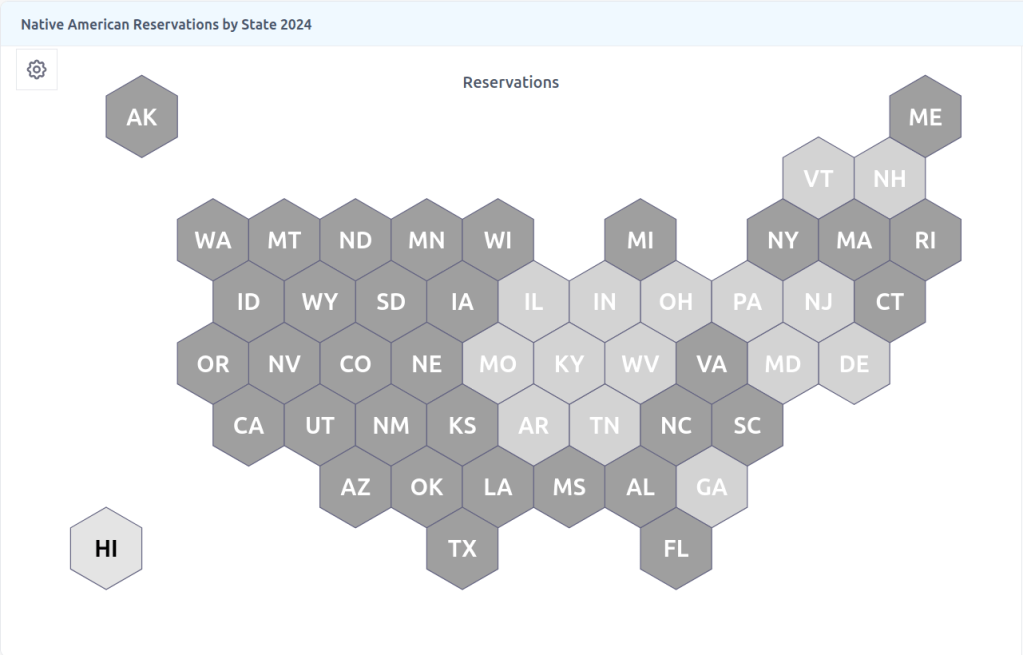 A map of states without Native reservations. The "gray blob" is Illinois, Missouri, Kentucky, Arkansas, Tennessee, West Virginia, and Ohio.