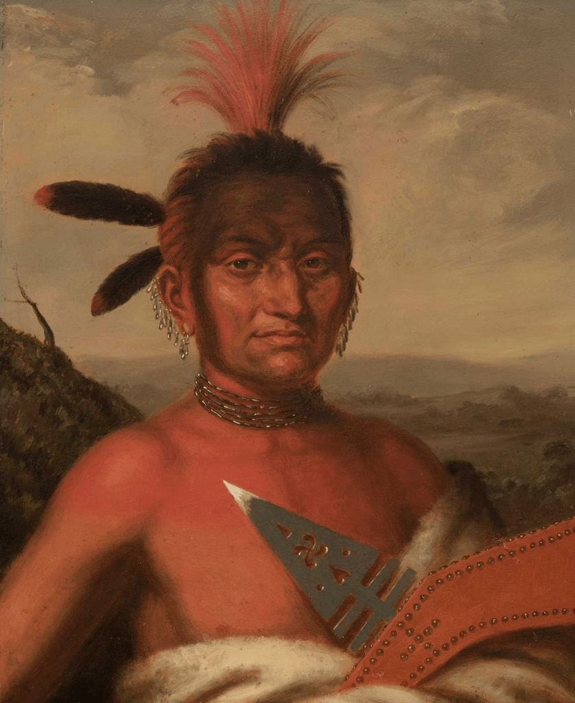 A stately Native man with feathers in his hair and clothes that leave his upper right torso exposed.