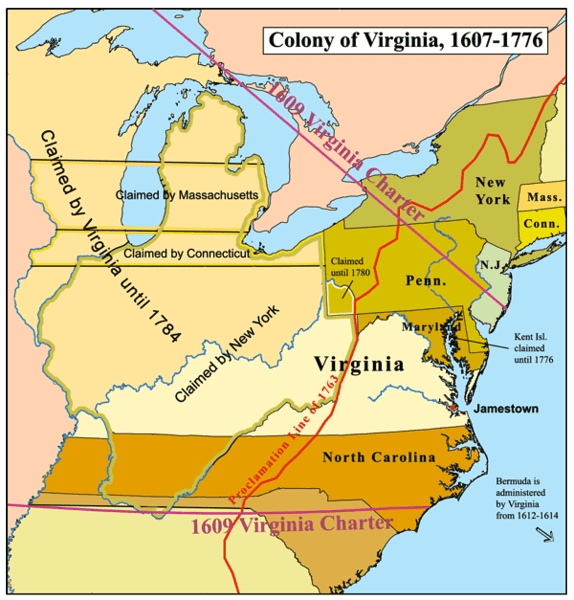 A nightmare map of the many territorial claims of the colony of Virginia. The important thing to note is that Kentucky used to be part of the colony, and Ohio was claimed by it as well