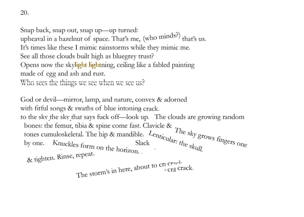 20.
Snap back, snap out, snap up-up turned:
upheaval in a hazelnut of space. That's me, (who minds?)
that's us.
It's times like these I mimic rainstorms while they mimic me. See all those clouds built high as bluegrey trust?
Opens now the skylight lightning, ceiling like a fabled painting made of egg and ash and rust.
Who sees the things TA CAO when we co0 110
We see which we see us!
God or devil-mirror, lamp, and nature, convex & adorned
with fitful songs & swaths of blue intoning crack.
to the sky the sky that says fuck off-look up. The clouds are growing random bones: the femur, tibia & spine come fast. Clavicle & The sky grows fingers one
tones cumuloskeletal. The hip & mandible. Lenticular: the skull.
by one.
Slack
Knuckles form on the horizon.
& tighten. Rinse, repeat.
cra crack.
The storm's in here, about to cri crack