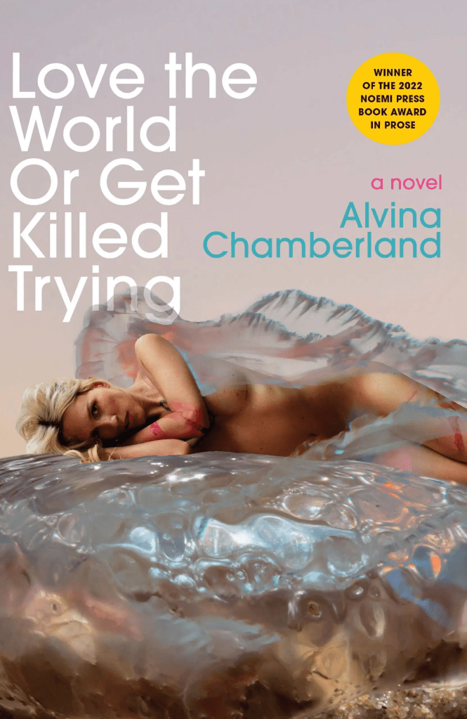 love the world or get killed trying by alvina chamberland has a nude woman lying on a weird gelatinous surface by the ocean, evoking the Venus de Milo