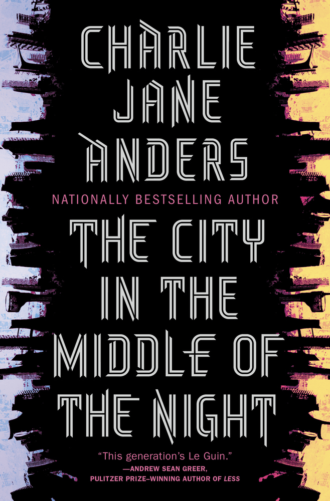 The City in the Middle of the Night by Charlie Jane Anders features two mirrored cities with the text on black in the middle, one side in the eternal night, the other eternal day.