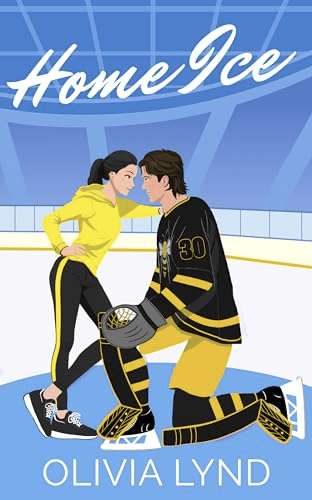 Home Ice by Olivia Lynd features a hockey dude staring into the eyes of a girl in trainer clothes who's as tall as him while he's kneeling