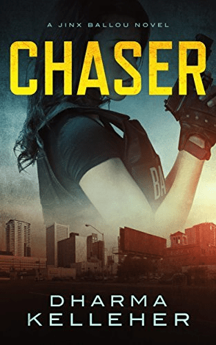 Chaser by Dharma Kelleher features a woman in a ballistic vest holding a gun above a gritty city