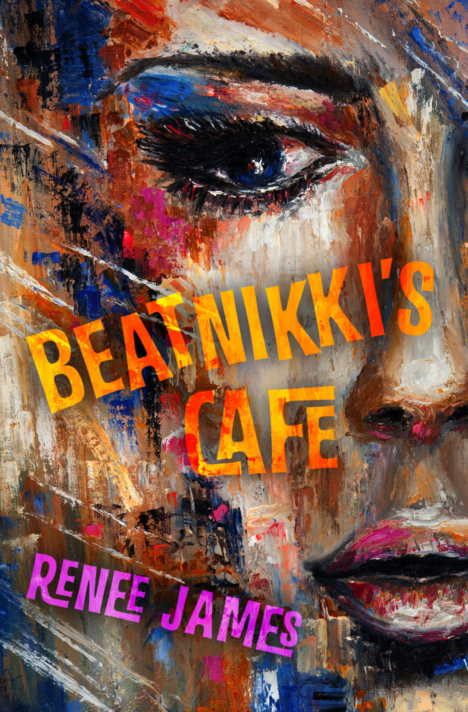 Beatnikki's Cafe by renee james features a stroke-painted image of a woman's face in a 20th century style.