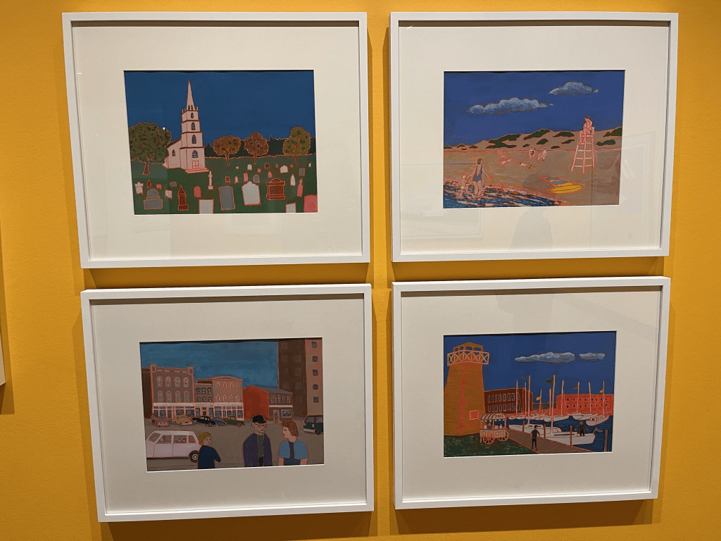 Four paintings: one depicts a church with a graveyard, another a scenic seaside vacation, another the city square, and the final a peaceful marina