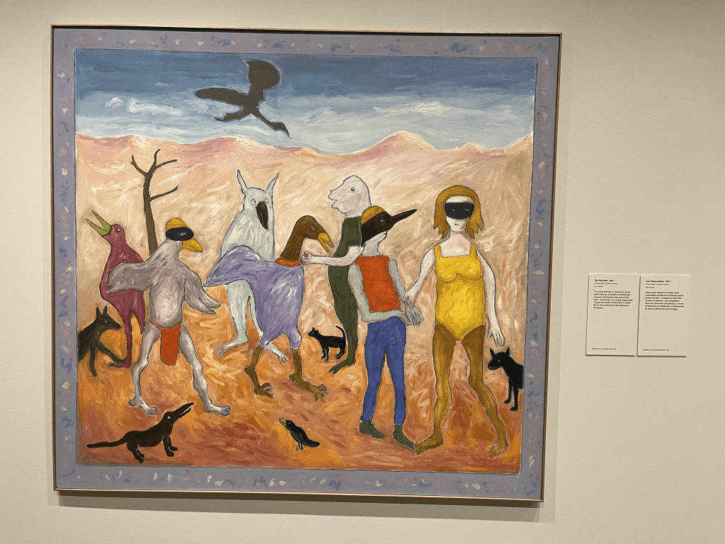 The Reunion by erica rutherford depicts several masked humanoids in various stages between humans and birds, done in a handdrawn style