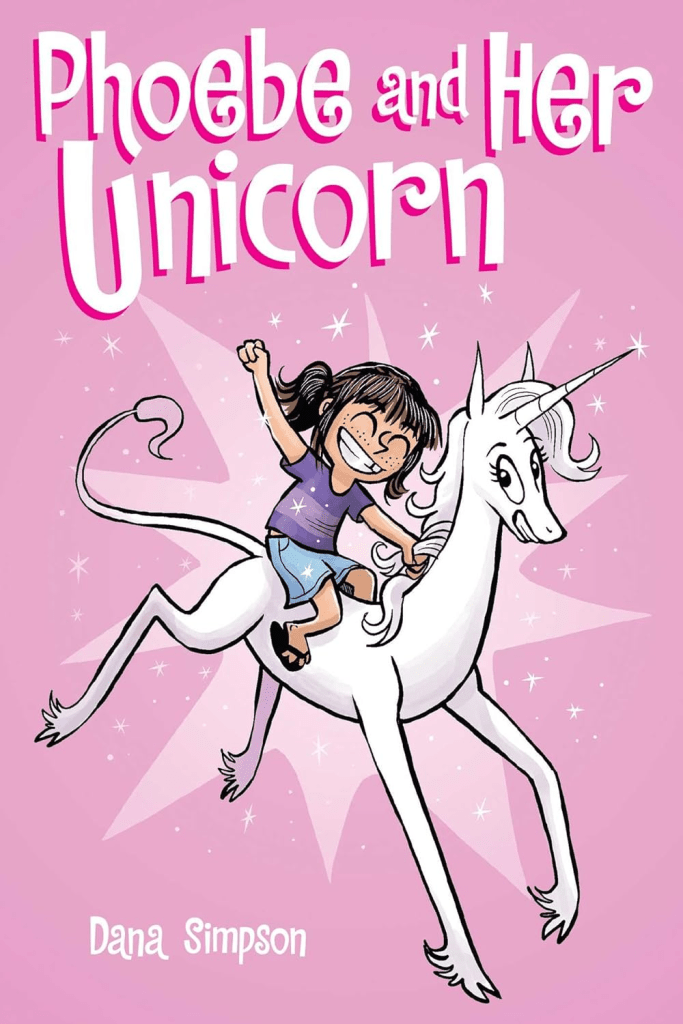 Phoebe and Her Unicorn by Dana Simpson features an elementary school girl riding on the back of a fabulous unicorn, as one does