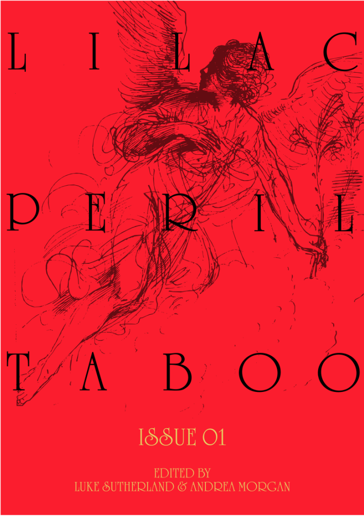 Taboo by Lilac peril features a sketched image of an angel against a blood red background.