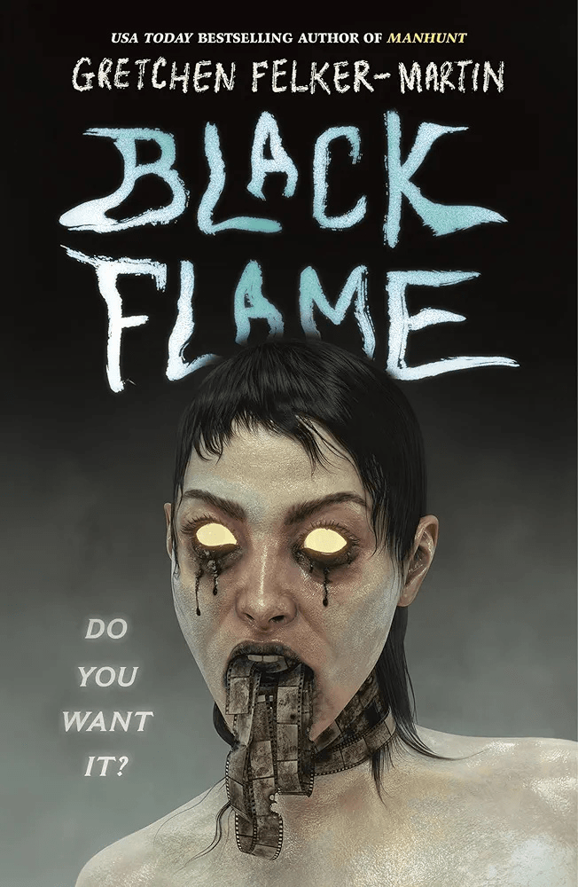 Black Flame by Gretchen Felker Martin has an image of a person with very short hair vomiting a film strip that's wrapping around their neck like a BDSM collar and bleeding glowing yellow eyes.