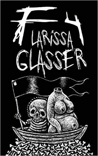 F4 by Larissa Glasser has an image of a headless nude pregnant woman and a weird skull dude riding a boat over a sea of bones with a black flag in hand.