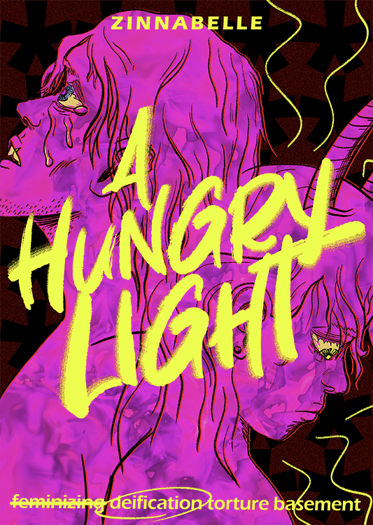 A Hungry Light by Zinnabelle features two figures back to back in neon pink, both crying, one with horns.