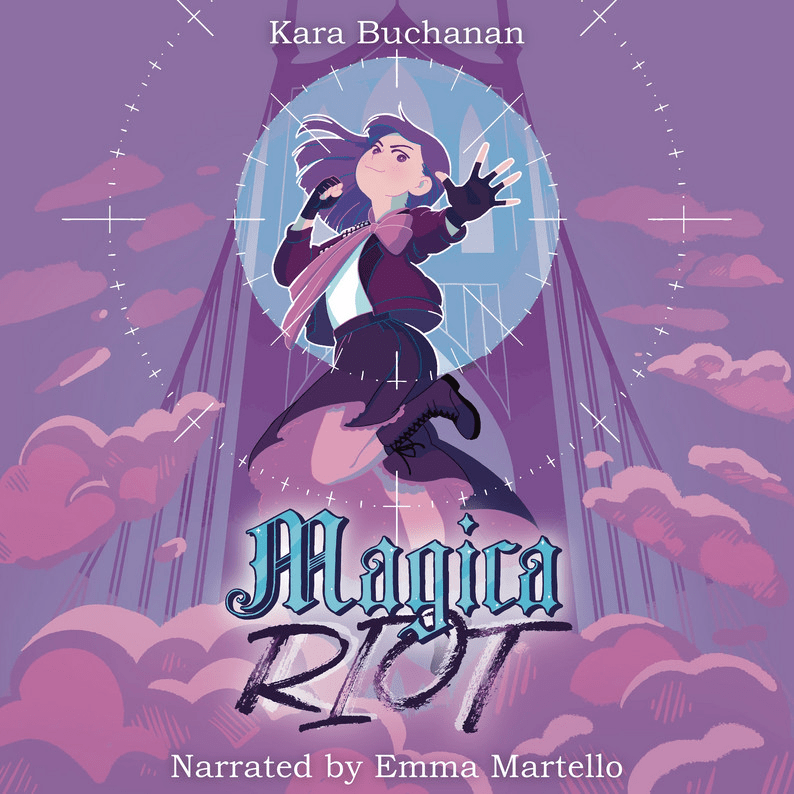 The Magica Riot audiobook by Kara Buchanan and Emma Martello has a triumphant girl posing on the cover before a suspension bridge