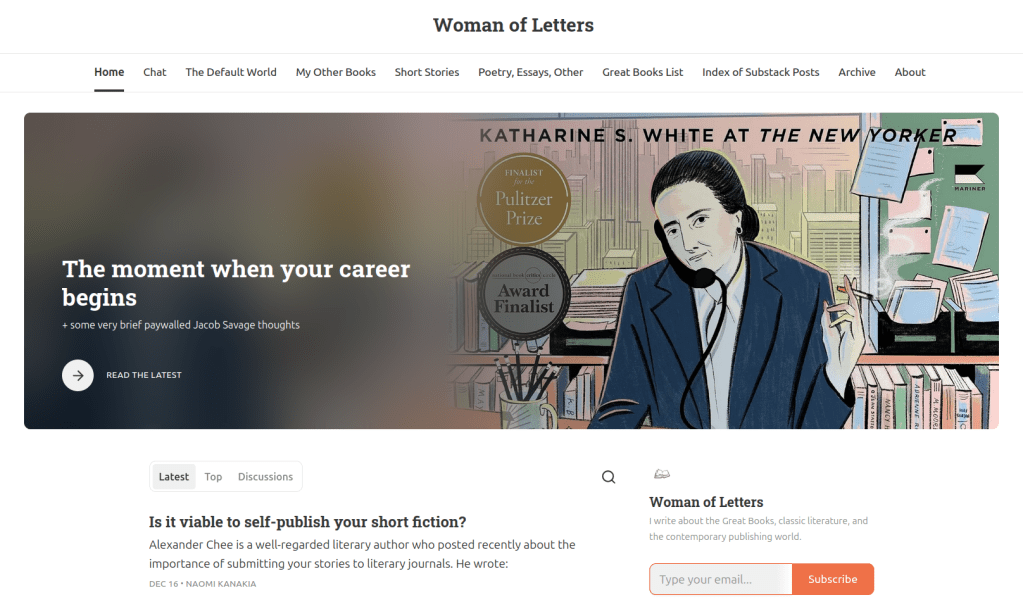 A screenshot of the home page of Naomi Kanakia's Woman of Letters publication
