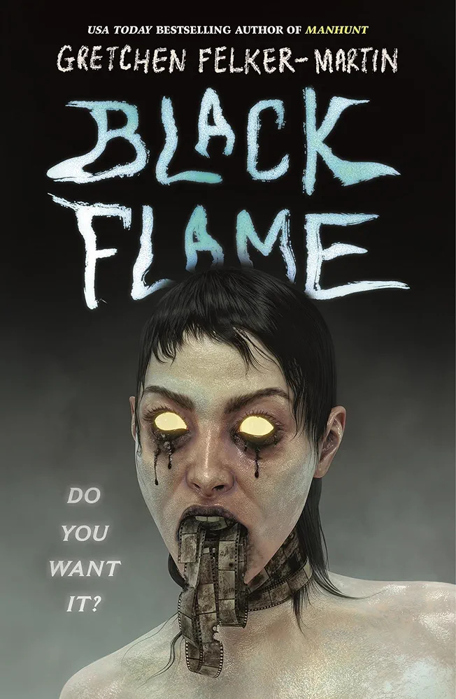 Black Flame by Gretchen Felker Martin has the image of a person collared by and vomiting a black and white film strip, with glowing bulbous yellow eyes bleeding black at the seams.