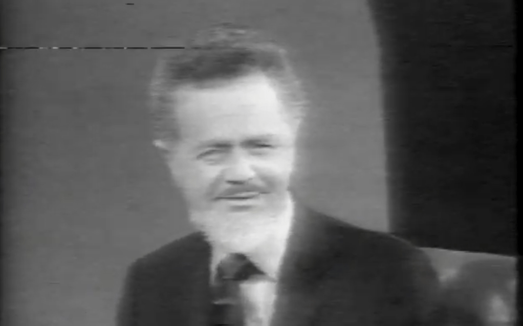 A photo of Alan Burke, a scruffy white man with a curly hairdo and a graying beard, wearing a TV Host suit and tie.