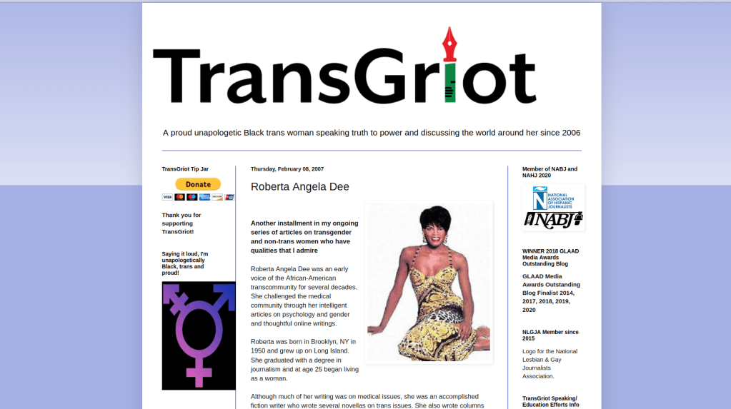 A screenshot from TransGriot open to Monica Roberts' 2007 Roberta Angela Dee article