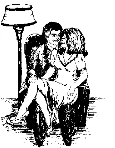 A Brian Dukeheart illustration from Sasha featuring Sasha sitting on her father's lap, smiling far too close to his face.